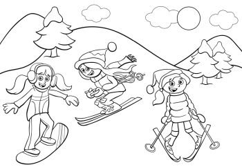 Black and White Cartoon Illustrations of Snowboarding and Skiing Girls Characters on Winter Time Coloring Book Page