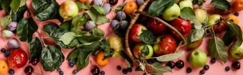 Flat-lay of fresh fruits and berries with leaves and branches on pink background. Top view. Local farmers market produce