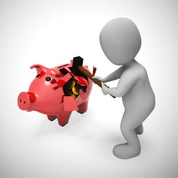 Breaking a piggy bank to access savings or cash.  Depicts financial crisis poverty and debt bankruptcy - 3d illustration