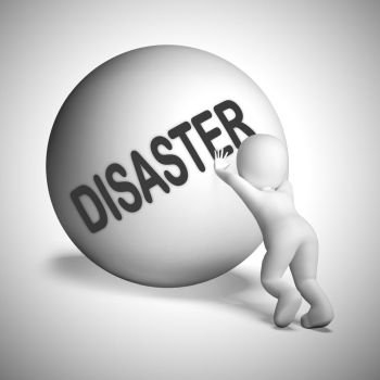 Disaster concept icon means disappointment mishaps.  Bad luck causing setbacks and ruin - 3d illustration. Struggling Uphill Man With Ball Showing Determination
