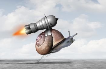 Business acceleration concept as a snail with a jet pack engine to accelerate success as a metaphor for innovation and finding a creative solution with 3D illustration elements.