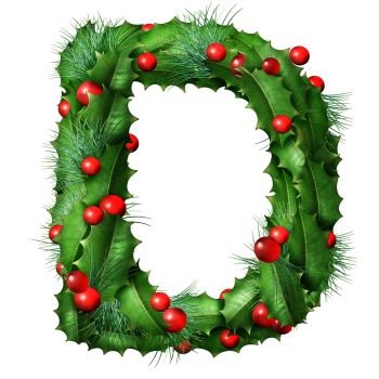Holiday font letter D as a festive winter season decorated garland as a Christmas  or New Year seasonal alphabet lettering isolated on a white background.