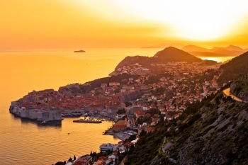 Historic town of Dubrovnik aerial sunset view, Dalmatia region of Croatia