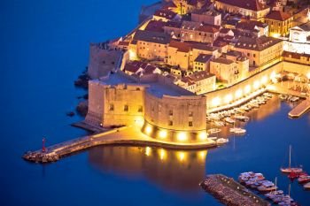 Dubrovnik harbor and strong defense walls aerial view, Dalmatia region of Croatia