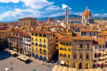 Florence square and cathedral di Santa Maria del Fiore or Duomo view, Tuscany region of Italy