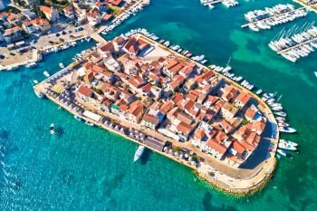 Town of Tribunj on small island aerial view, central Dalmatia region of Croatia