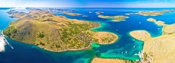 Amazing Kornati Islands national park archipelago panoramic aerial view, landscape of Dalmatia, Croatia