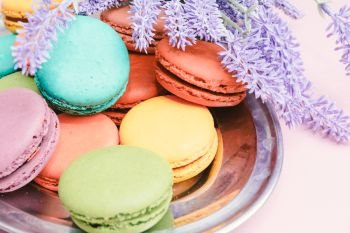 french macaron cakes composition with lavender flowers