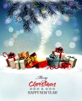 Holiday Christmas background with a red magic box and gift boxes and branches of tree. Vector.