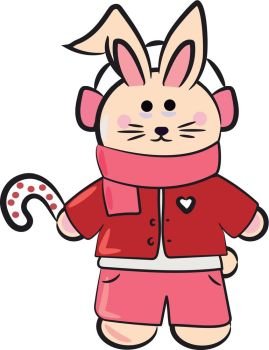 A cute little bunny holding a stick is all dressed up in pink and red for a Christmas party vector color drawing or illustration