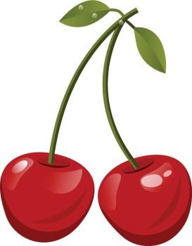 Red cherrys with green leafs  cartoon fruit vector illustration on white background.