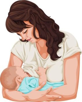 Vector illustration of mother breast feeding her newborn baby.