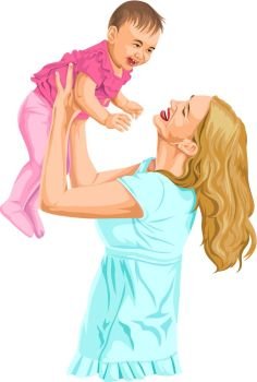 Vector illustration of happy mother lifting her cute little baby.