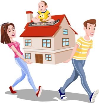 Family Carrying a House, Mom, Dad, Baby, vector illustration