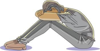Sad Man, Head on Knees, vector illustration