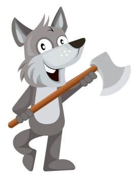Wolf with axe, illustration, vector on white background.