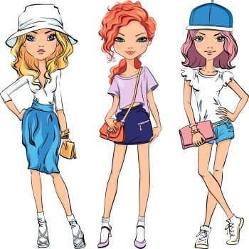 Cute beautiful girls in t-shirt and skirt or shorts, hats and with bags. Vector SET of cute fashionable girls