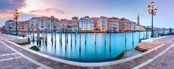 Panoramic view of Grand canal at sunset in Venice, Italy. Grand Canal in Venice, Italy