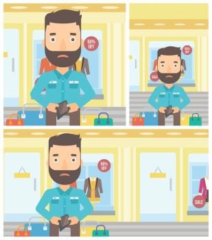 Young hipster man with the beard showing his wallet purse on the background of showcase of a store. Vector flat design illustration. Square, horizontal, vertical layouts.. Man showing epmty wallet vector illustration.