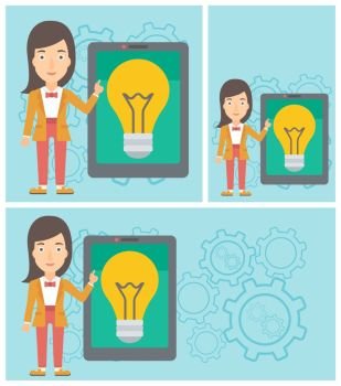 Young woman pointing at a big tablet computer. Woman standing near a big tablet computer with a light bulb on a screen. Vector flat design illustration. Square, horizontal, vertical layouts.. Woman pointing at big tablet computer.