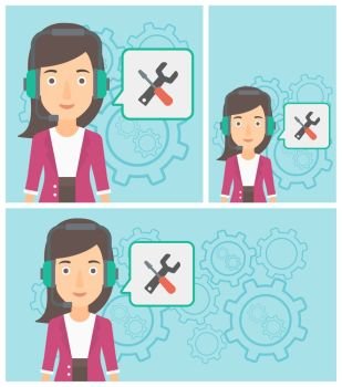 Operator of technical support wearing headphone set. Technical support operator and speech square with screwdriver and wrench. Vector flat design illustration. Square, horizontal, vertical layouts.. Technical support operator vector illustration.