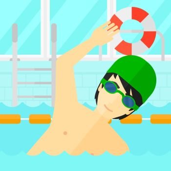 An asian man wearing cap and glasses training in swimming pool vector flat design illustration. Square layout.. Swimmer training in pool.