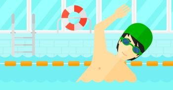 An asian man wearing cap and glasses training in swimming pool vector flat design illustration. Horizontal layout.. Swimmer training in pool.
