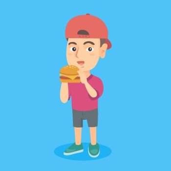 Little caucasian boy eating a hamburger with appetite. Full length of a boy holding a big hamburger. Young boy is about to eat a delicious hamburger. Vector cartoon illustration. Square layout.. Little caucasian boy eating a hamburger.