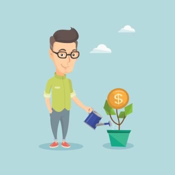 Businessman watering money flower. Caucasian businessman investing in business project. Illustration of investment money in business. Investment concept. Vector flat design illustration. Square layout. Business man watering money flower.