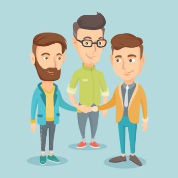 Group of business men joining hands. Caucasian business people putting their hands togethis. Business men stacking their hands. Partnership concept. Vector flat design illustration. Square layout.. Group of business men joining hands.