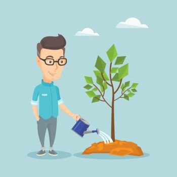 Caucasian friendly man watering tree. Gardener with watering can. Young man gardening. Concept of environmental protection. Vector flat design illustration. Square layout.. Man watering tree vector illustration.