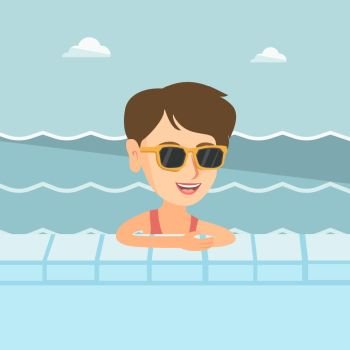 Cheerful caucasian woman relaxing in the swimming pool at resort. Happy smiling woman in sunglasses bathing in the swimming pool. Vector cartoon illustration. Square layout.. Young caucasian woman relaxing in swimming pool.