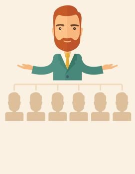 An executive good looking and happy  Caucasian with beard explaining and presenting a business marketing plans to his employees infront of him inside the training room. Planning a business concept. A contemporary style with pastel palette, beige tinted background. Vector flat design illustration. Vertical layout with text space lower part.. Executive explaining business plans to his employees