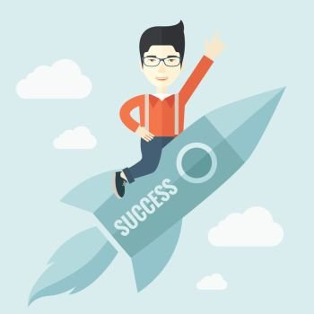 A man flying on the rocket raising his hand in the air as his start up. Success concept. A Contemporary style with pastel palette, soft blue tinted background with desaturated clouds. Vector flat design illustration. Square layout.  . Man in start-up ,business