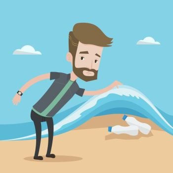 A hipster caucasian young man with the beard showing plastic bottles under sea wave. Concept of water pollution and plastic pollution. Vector flat design illustration. Square layout.. Man showing plastic bottles under sea wave.