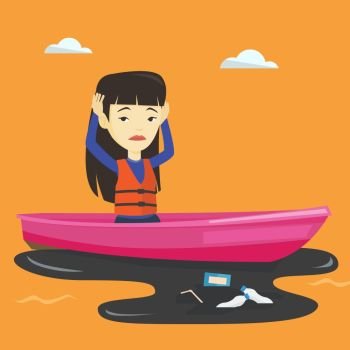 Sanitation worker floating in a boat and catching garbage out of water. Woman clutching head while looking at polluted water. Water pollution concept. Vector flat design illustration. Square layout.. Woman floating in a boat in polluted water.