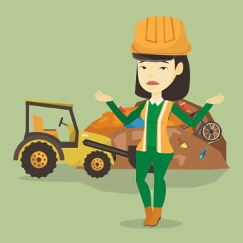 Upset asian worker of rubbish dump. Worker of rubbish dump standing with spread arms. Woman standing on the background of rubbish dump and bulldozer. Vector flat design illustration. Square layout.. Worker and bulldozer at rubbish dump.