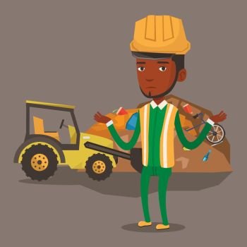 Worker of rubbish dump standing with spread arms. Man standing on the background of rubbish dump and bulldozer. African-american worker of rubbish dump. Vector flat design illustration. Square layout. Worker and bulldozer at rubbish dump.