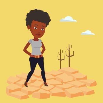 An african-american woman standing in the desert. Frustrated woman standing on cracked earth in the desert. Concept of climate change and global warming. Vector flat design illustration. Square layout. Sad woman in the desert vector illustration.