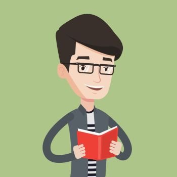 Smiling student reading a book. Cheerful male student reading a book and preparing for exam. Student holding a book in hands. Concept of education. Vector flat design illustration. Square layout.. Student reading book vector illustration.