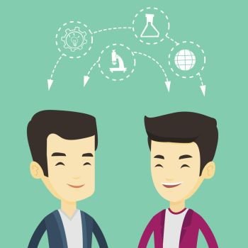 Two male asian students sharing with the ideas during brainstorming. Young happy students brainstorming. Concept of brainstorming in education. Vector flat design illustration. Square layout.. Students sharing with the ideas.