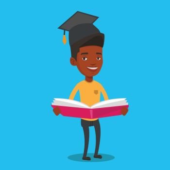 Happy graduate standing with a big open book in hands. Smiling male student in graduation cap reading a book. An african-american man holding a book. Vector flat design illustration. Square layout.. Graduate with book in hands vector illustration.