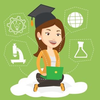 Young graduate sitting on cloud with laptop on knees. Graduate using cloud computing technologies. Concept of educational technology and cloud computing. Vector flat design illustration. Square layout. Graduate sitting on cloud vector illustration.