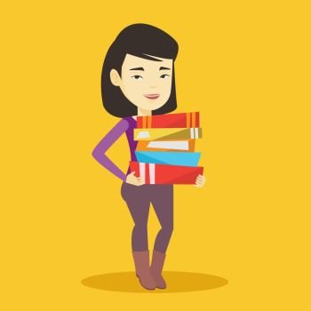 Young asian woman holding a pile of educational books in hands. Smiling student carrying huge stack of books. Student preparing for exam with books. Vector flat design illustration. Square layout.. Woman holding pile of books vector illustration.