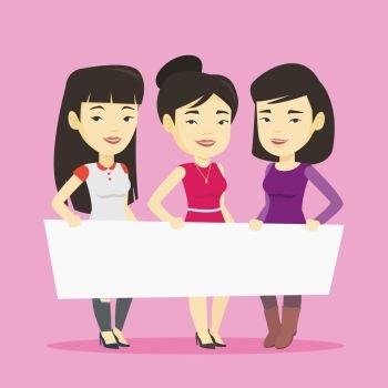 Three young asian friends holding white blank board. Group of young students holding an empty board. Group of smiling friends showing white board. Vector flat design illustration. Square layout.. Group of young women holding white blank board.