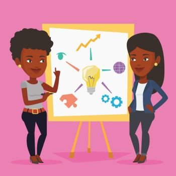 Two african-american business women discussing a project. Group of business women working on project. Woman drawing business project on a board. Vector flat design illustration. Square layout. Two business women discussing project near board.