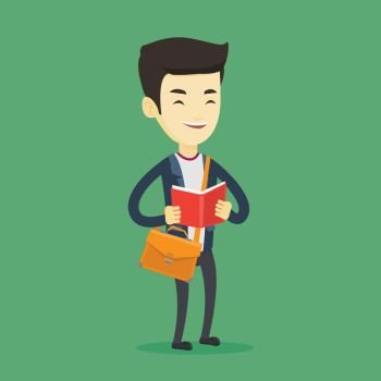Asian student reading a book. Happy student reading a book and preparing for exam. Excited student standing with book in hands. Concept of education. Vector flat design illustration. Square layout.. Student reading book vector illustration.