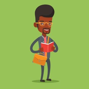 An african-american smiling student reading a book. Cheerful male student reading a book and preparing for exam. Student standing with book in hands. Vector flat design illustration. Square layout.. Student reading book vector illustration.