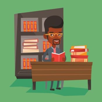 Student sitting at the table and holding a book in hands. Student reading a book. An african-american student reading a book and preparing for exam. Vector flat design illustration. Square layout.. Student reading book vector illustration.