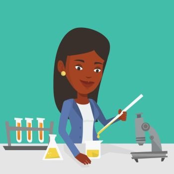 An african-american student carrying out laboratory experiment. Student working with microscope at laboratory class. Student experimenting in laboratory. Vector flat design illustration. Square layout. Student working at laboratory class.